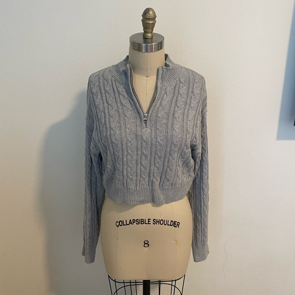 Quarter zipper cable knit semi cropped sweater